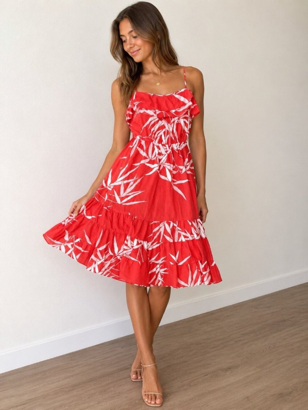 Vintage JC Penney Red Layered Tiered Midi Dress Red Flared Hem Sz S